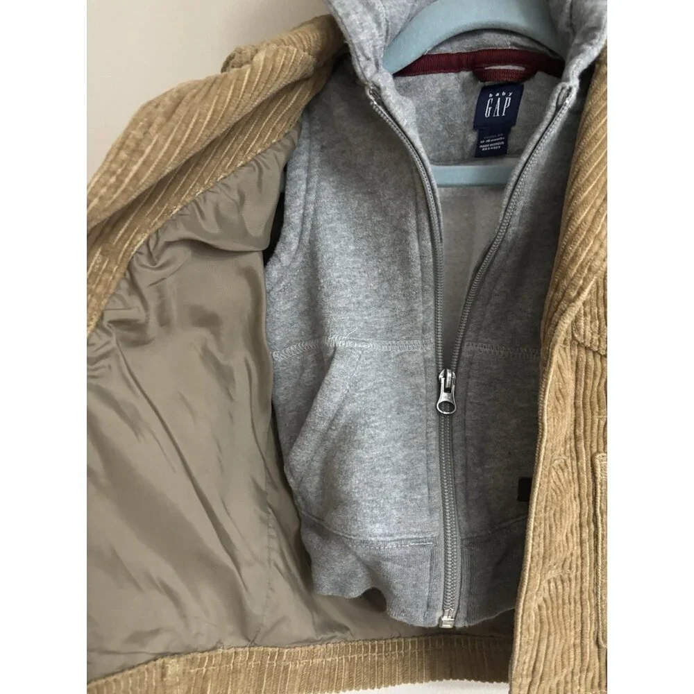 GAP Zip & Button Long Sleeve Brown Corduroy‎ Hooded Jacket Toddler 12/18 Months